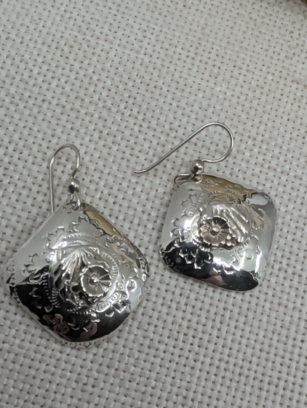 Vintage Sterling Silver Stamped Floral Cushion Drop Earrings Handmade Artisan